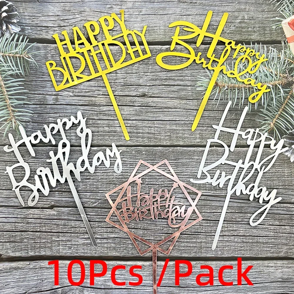 10 Stück Silber Gold Acryl Happy Birthday Cake Topper Baby Shower Party Dekorationen Cupcake Topper Jubiläumsfeier – Detail 2
