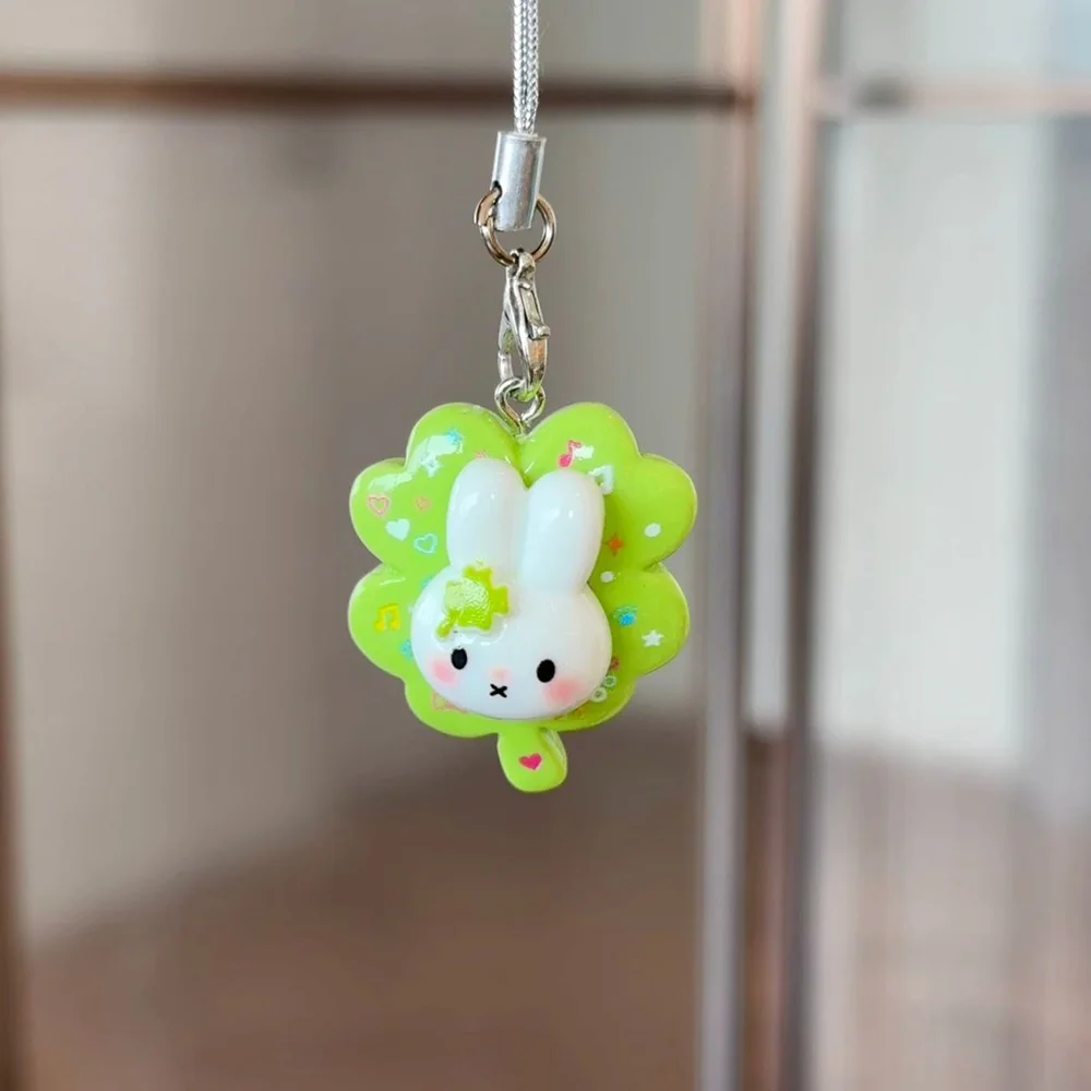 Kawaii Miffy Four Leaf Clover Phone Strap Cute Resin Charm Keychain Pastel Green Glitter Heart Music Note Decorative Girl Gift