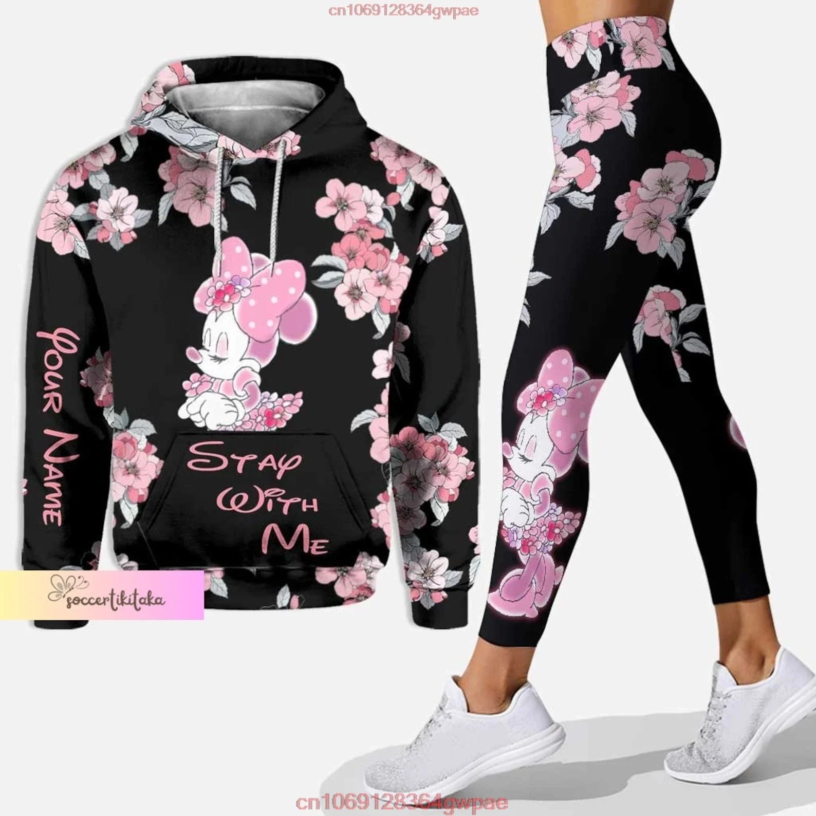 CustomizeName-Sudadera con capucha de Minnie para mujer, conjunto de pantalones de Yoga de Minnie, pantalones de chándal, Sudadera con capucha de Yoga de Disney, mallas, chándal de moda