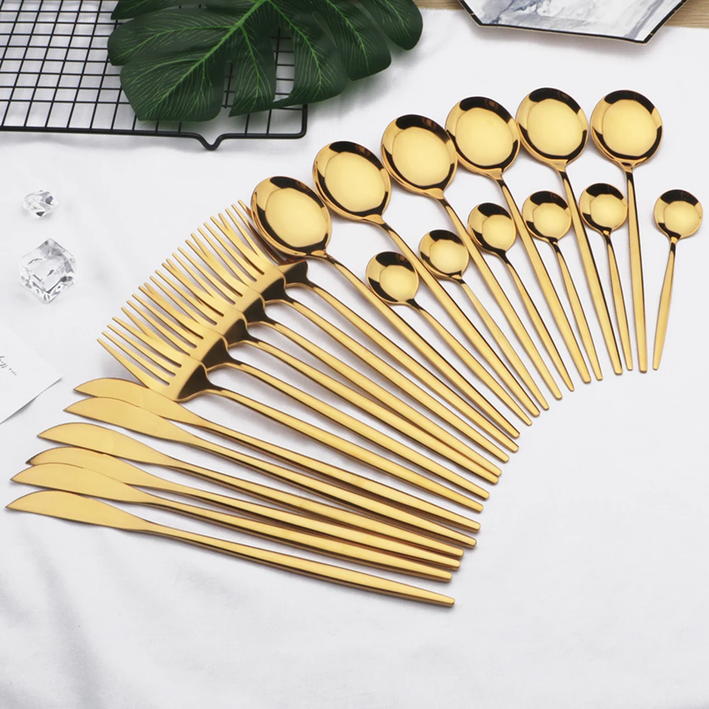 24pcs Gold Dinnerware Set Stainless Steel Tableware Set Knife Fork Spoon Flatware Set Dishwasher Safe Silverware Cutlery Set