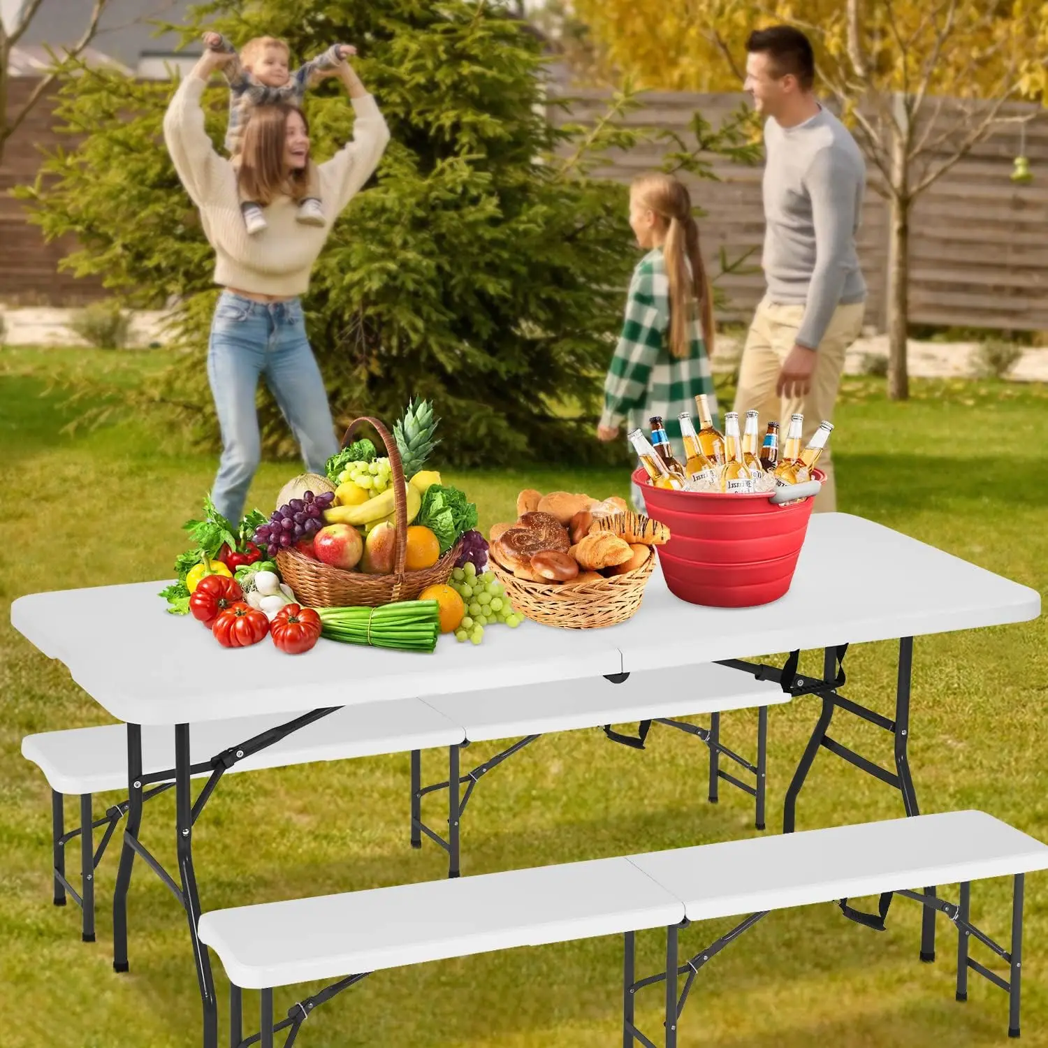 3-Piece Picnic Table Bench Set 6FT Camping  Folding  Plastic   with Two Benches Carrying Handles