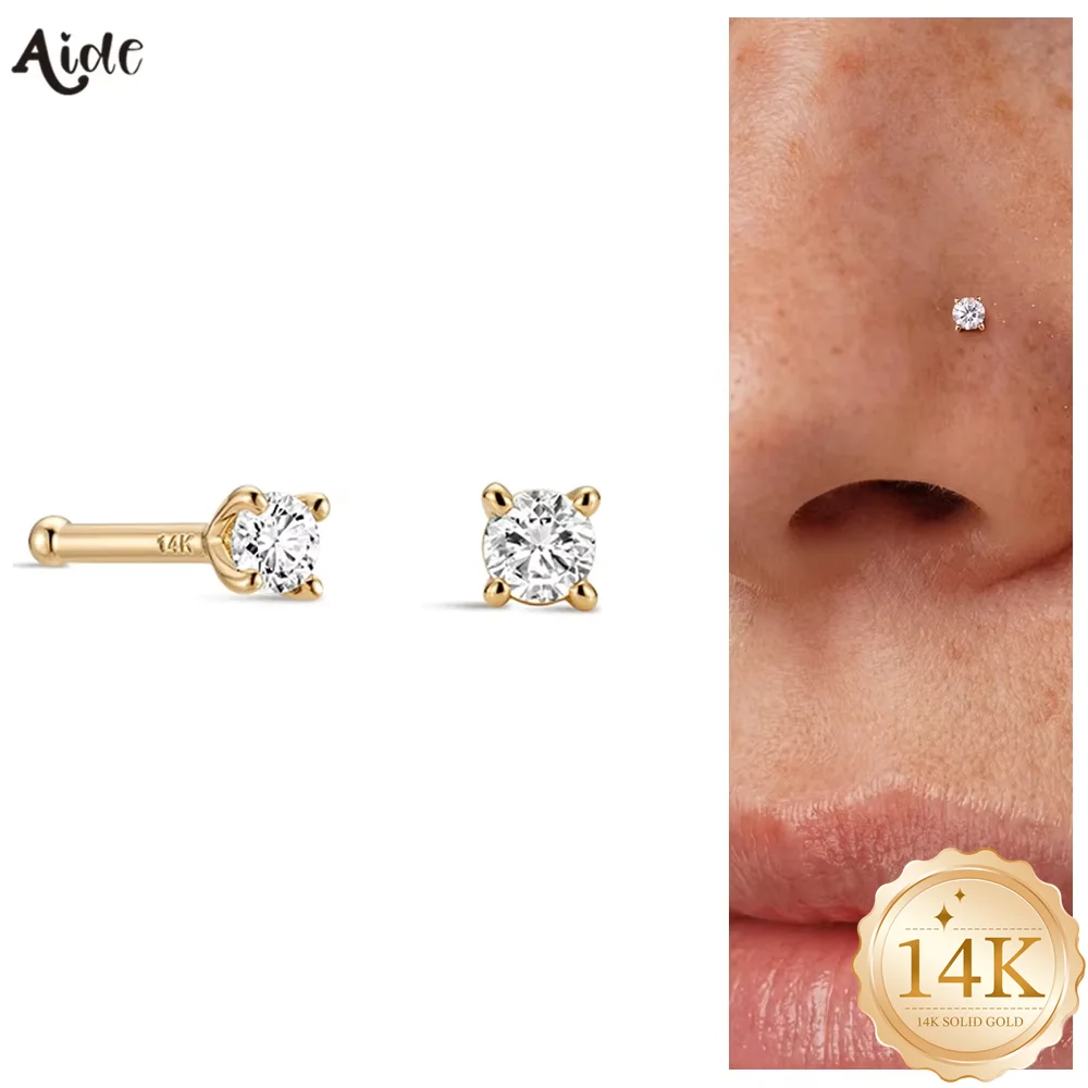 Aide 100% 14K Solid Gold Nose Rings Flat Back Straight Bar Tiny Nostril Priercing Minimalist Unisex Body Puncture for Men Women