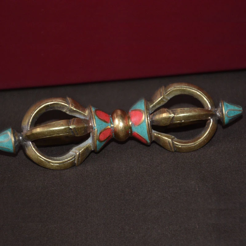 five-pronged turquoise vajra, a ritual instrument made of copper, handcrafted in ethnic style, Tibetan region supplies,
