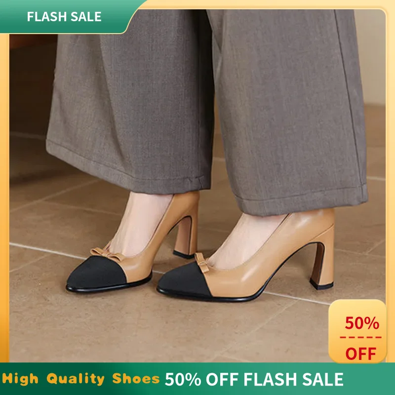 Ladies Bow Leather Pumps Round Toe Chunky High Heel 8.6cm Slip On Lightweight Non Slip TPR Sole Office Daily Fashion ShoesF1