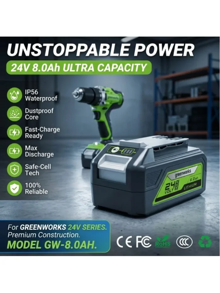24V 8,0Ah Ersatz-Lithium-Ionen-Akku Kompatibel mit Greenworks 24V Elektrowerkzeugen, IP54 Wasserdicht Staubdicht Hochleistungsakku für Akkuschrauber, Rasenmäher, Schlagschrauber, Kreissäge,