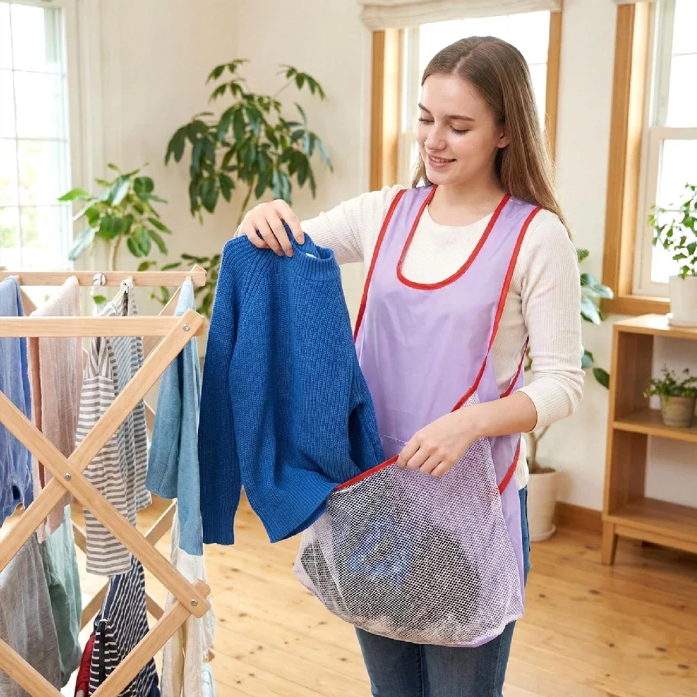 1PCS Waterproof Sleeveless Laundry Apron for Women,Cross Back Comfort Fit Portable Bib, Multifunctional Clothes Drying Organizer