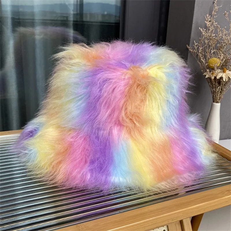 Big Fluffy Faux Fur Bucket Hat for Women Luxury Plush Fisherman\'s Hat Warm Winter Fisherman Hat Colorful and Gorgeous Hat