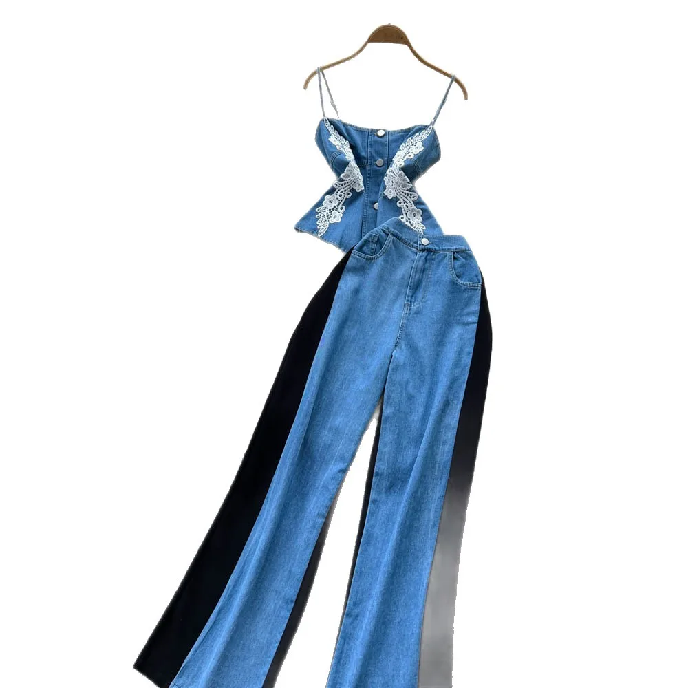 ジーンズスーツ レディース デニム ツーピースセット レーススリングトップ キャミソール ワイドレッグパンツ パッチワークボタン トラウザーズ アウトフィット サマーアンサンブル