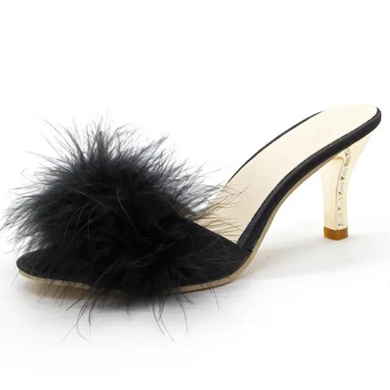 Women Summer Shoes Feather Thin High Heeled Fur Slippers Bare Toes Mule Pump Slide Shoes Large Size Slide Flip-flops