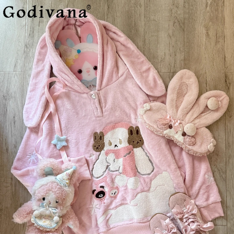 

Japanese Soft Girls Kawaii Rabbit Ear Hooded Plush Hoodies Autumn Winter New Women's Loose Pullover Student Y2K Long Sleeve Top