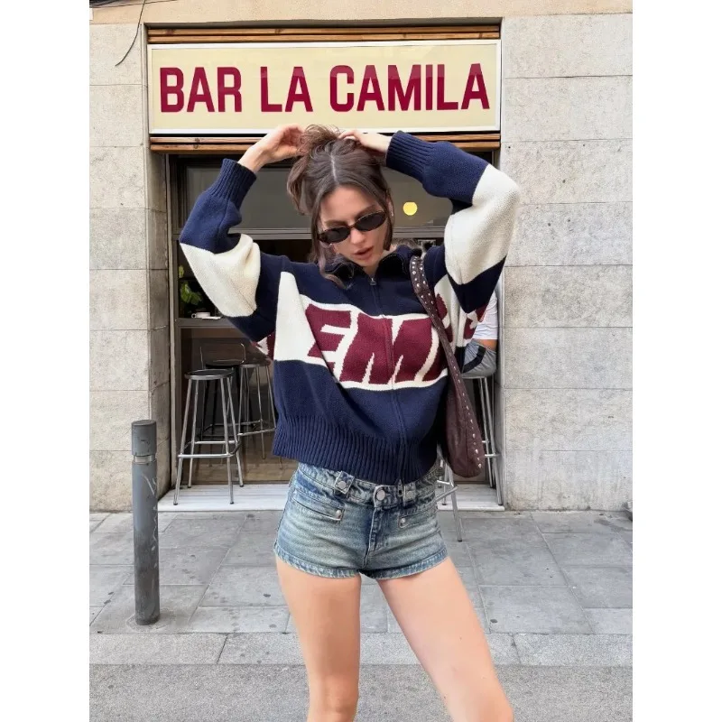 

2026 New niche brand Contrast Letter Knit Cardigan Y2K Vintage Style Street American Casual Zipper Sweater for Men Women Fitness