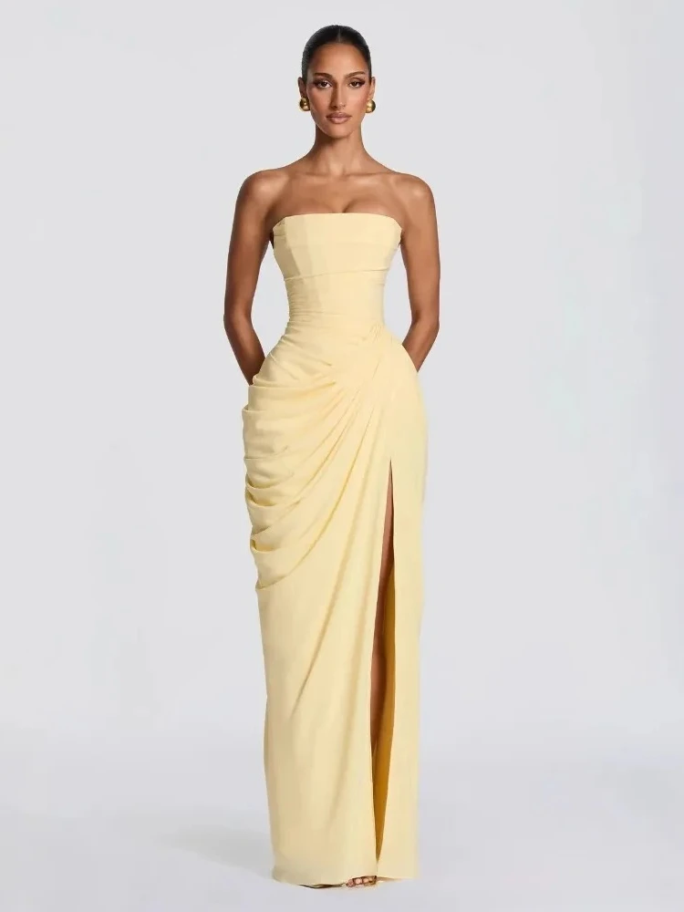 solid pleated strapless split dress Lavetir Mint Green Sheath/Column Strapless Pleated Ruffle Bridesmaid Dresses with Split Side 2026