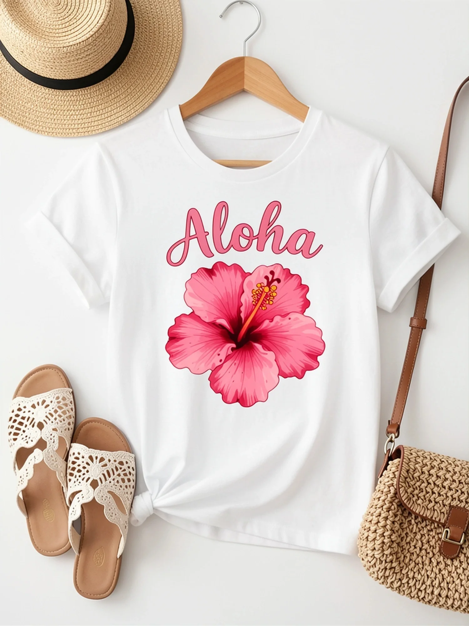 Women's Size Hawaiian Hibiscus Aloha T-Shirt Short Sleeve Crew Neck T Shirt Casual Hawaiian Tshirt with Hibiscus Print Clothes