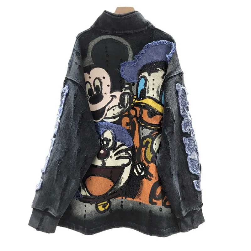 Autumn Loose Mid-Length Cartoon Top Heavy Industry Stand Collar Vintage Distressed Sweatshirt Jacket Long Sleeves Zipper Coat