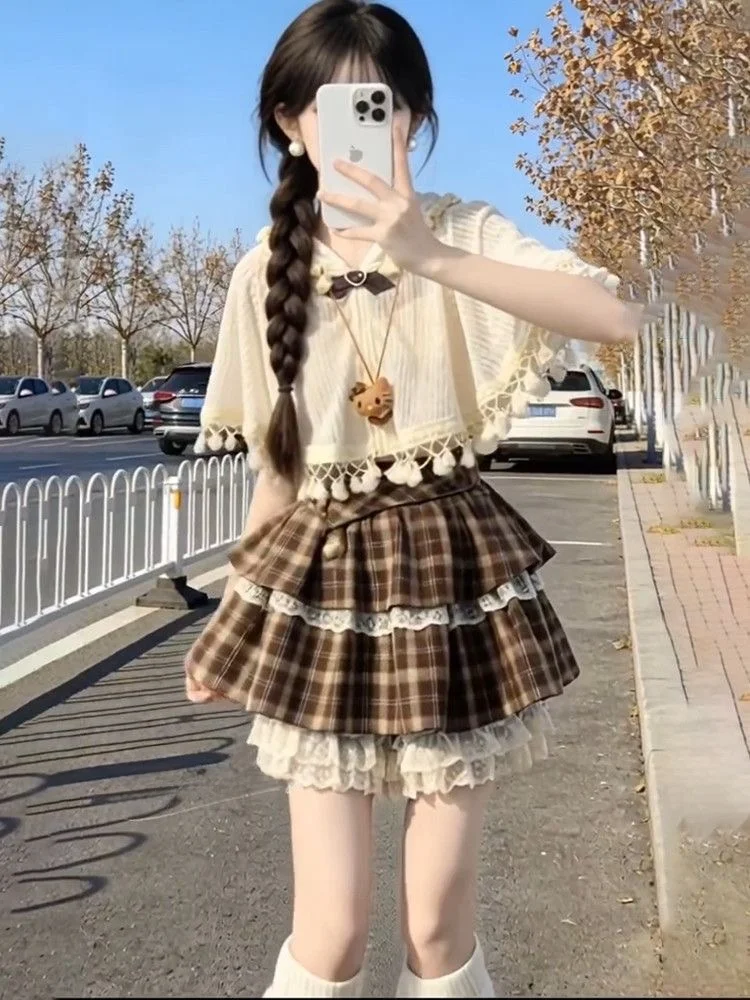 

Retro College Style Set Women Summer Small Size Clothing Tassel Shawl Cloak High Waist Plaid Cake Skirt Three Piece Set