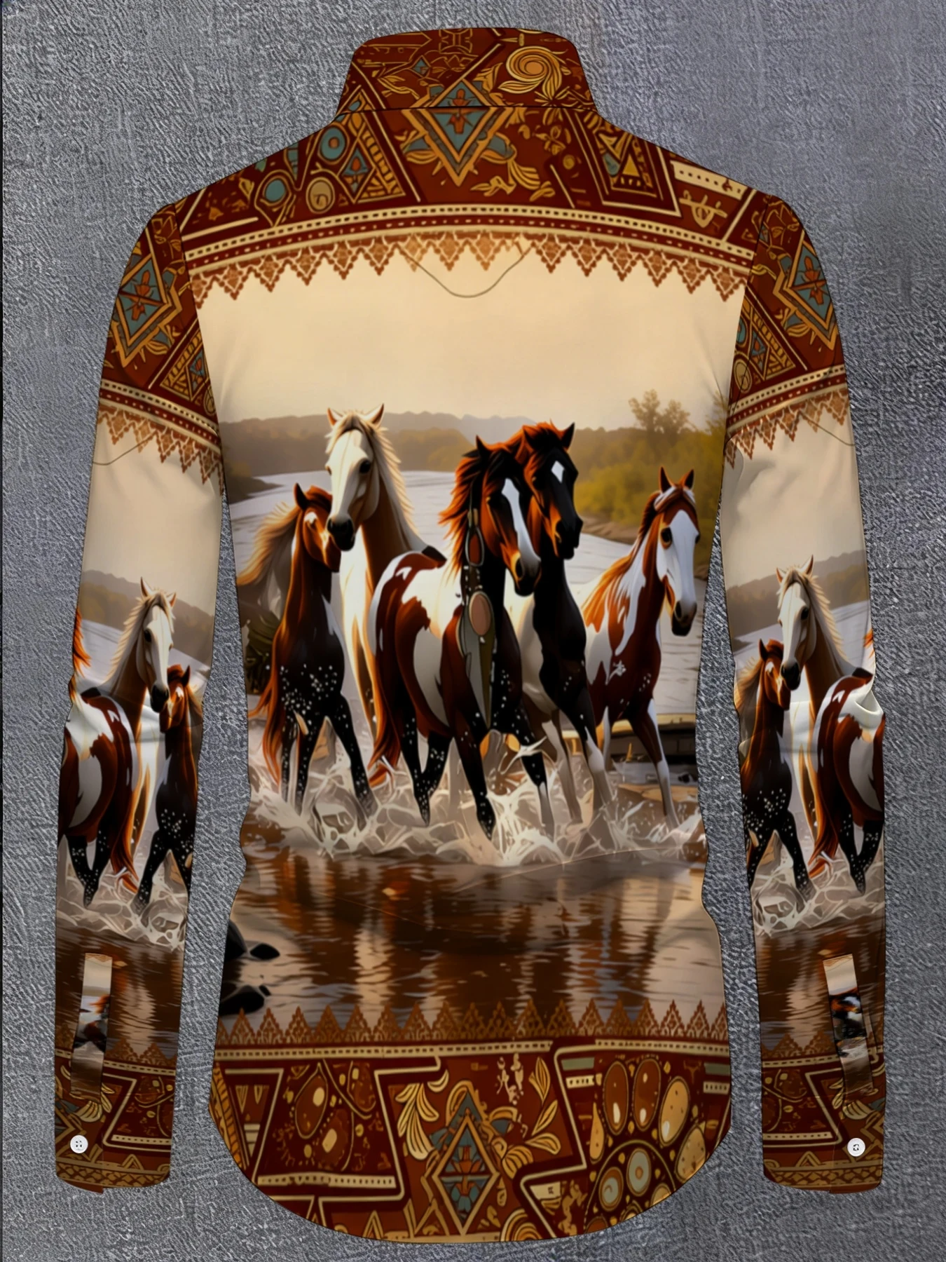 Men Lapel Collar Shirt Vintage Tribal Ornament Wild Horse Herd River Landscape Graphic Polyester Long‑Sleeve Top