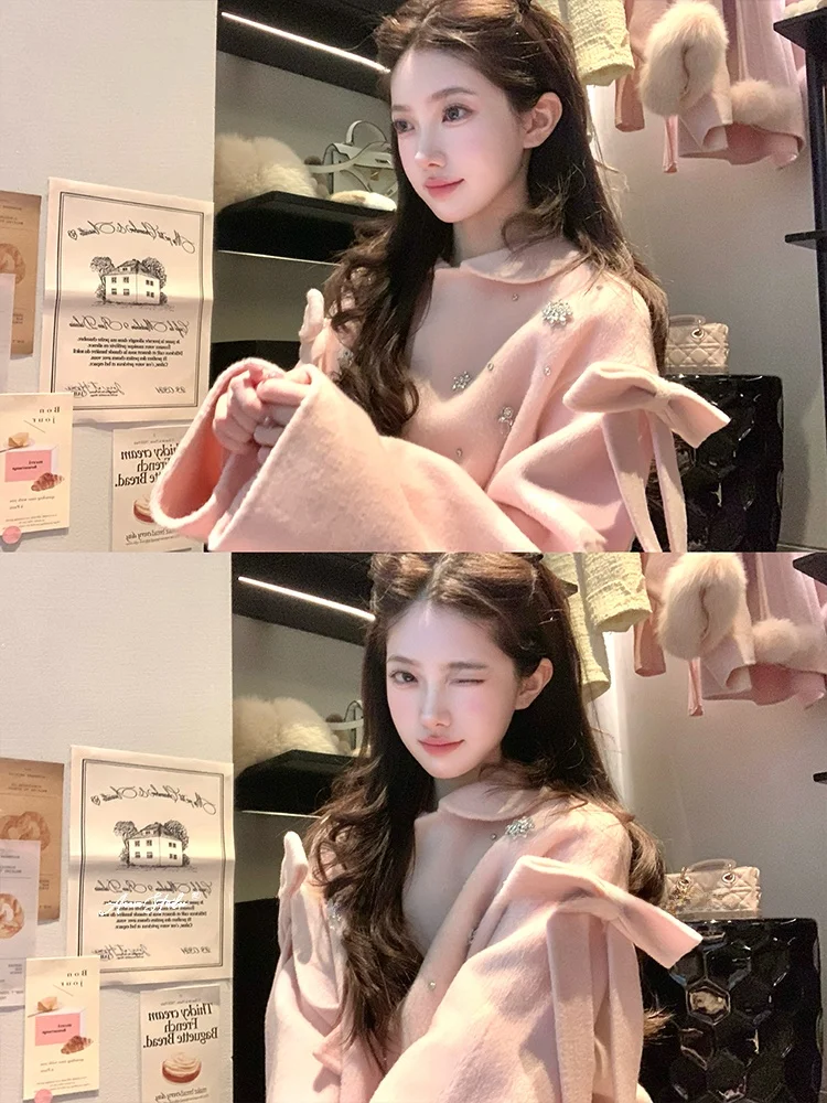 

Пальто Acaine Pink из двусторонней шерсти с воротником-стойкой, средней длины, зимнее, в корейском стиле, женское, утепленное, повседневное, модное, верхняя одежда