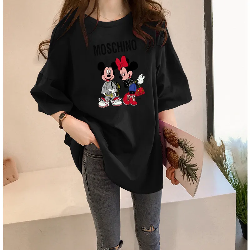 Trendy Printed T-Shirt Women\'s Mickey Minnie Summer Loose Short Sleeve Mid-Length Large Size Fashion T-Shirt Women\'s Clothing