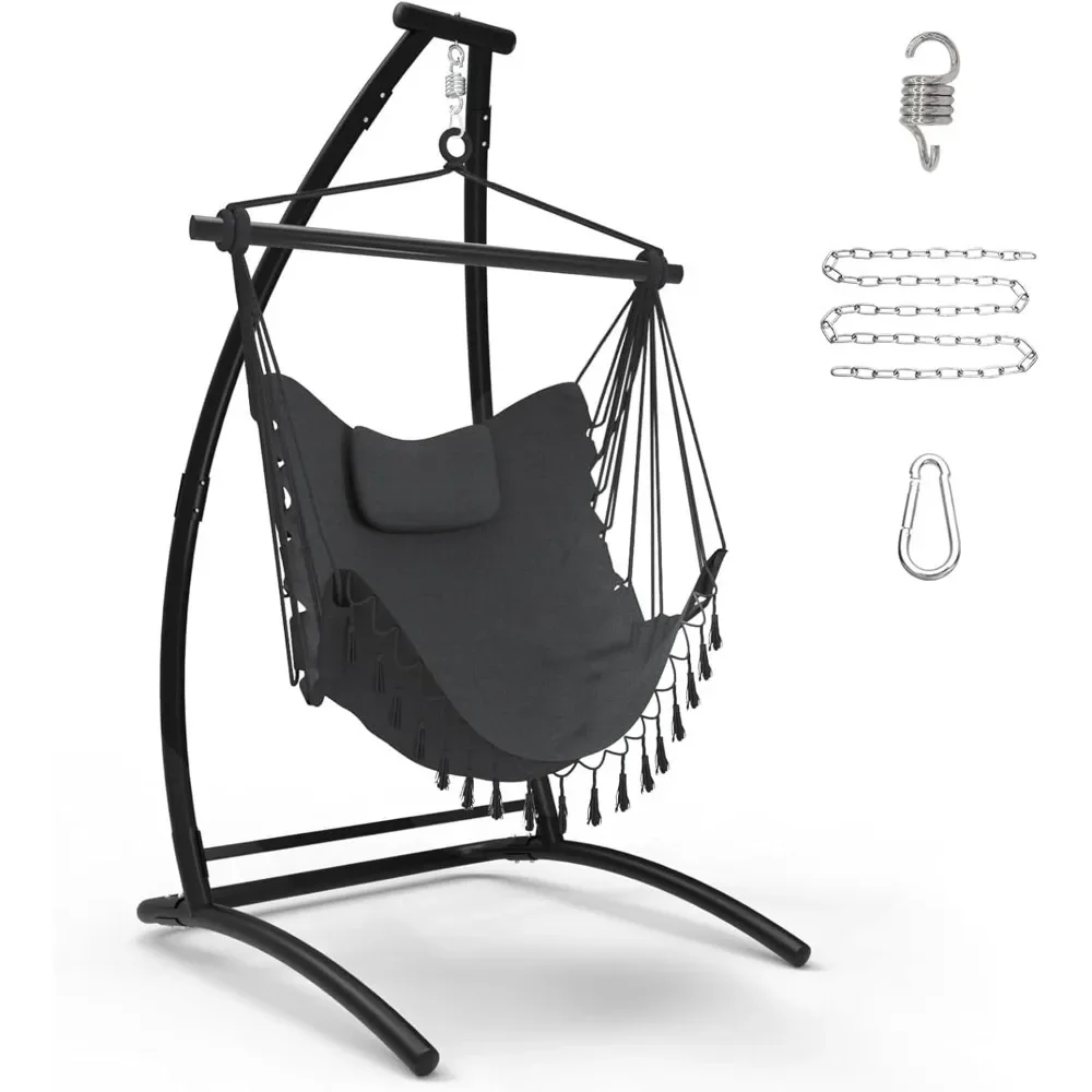 

C Type Hammock Chair with Stand, Swing Chair w/Neck Pillow, Hammock Stand for Balcony, Patio and Deck, Maximum Weight 300 lbs.