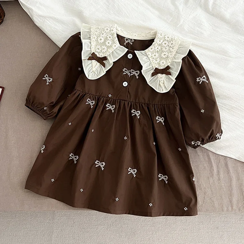 2024 Autumn Baby Girl Party Dress Cotton Embroidery Bow Splicing Dress Long Sleeved Kids Princess Dresses Lace Collar Clothing