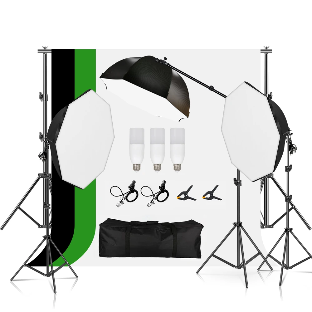 40-135W Bulbs Photo Studio Set Kit Octagonal Softbox Lighting Tripod Stand Background Support Green Backdrop Video Shooting