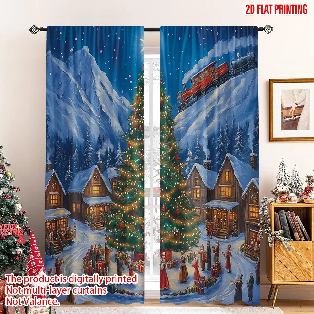 

2pcs 2D flat printing Merry Christmas Popular Curtains Christmas Tree Village Snow Scene_a (2) 100% Polyester Without