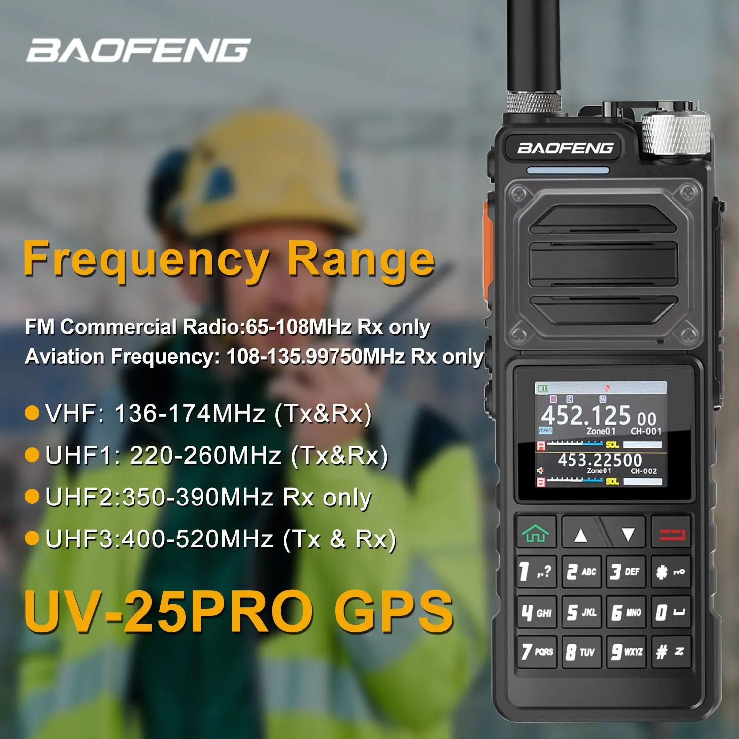 Baofeng UV-25Pro GPS Walkie Talkie 10W 1000Ch Aviation Multiband FM Amateur Two Way Radio W/5200mAh Type-C Rechargeable Battery