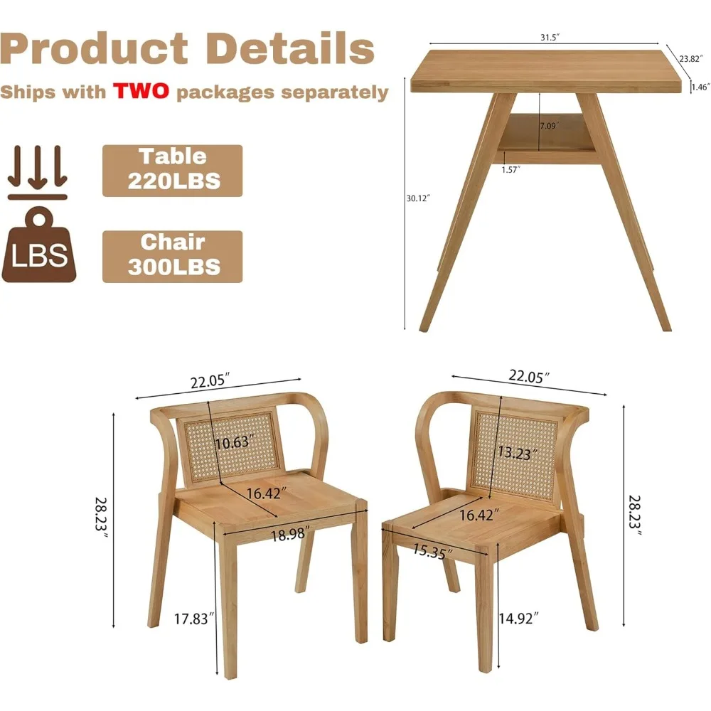 Bistro Stacking Table Chair Set of 3, Wood Rattan Small Dining Table & Chair Set, Nesting Table Chair Set for Tavern, Balcony,