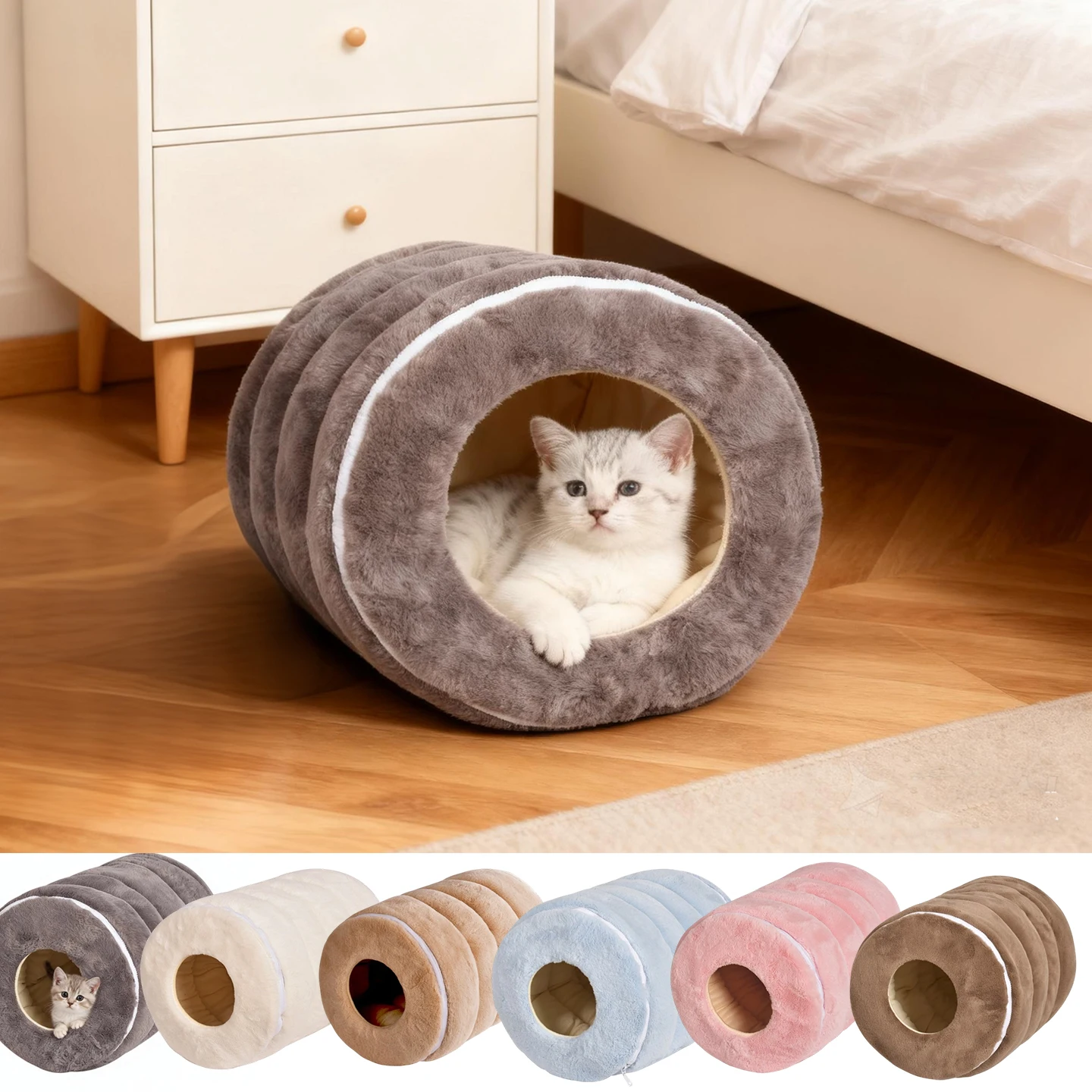 

1pc 2026 New Cozy Tunnel Cat House with Dome Top & Plush Cylinder Bed -with Cushioned Interior,No Assembly Required, All-Season