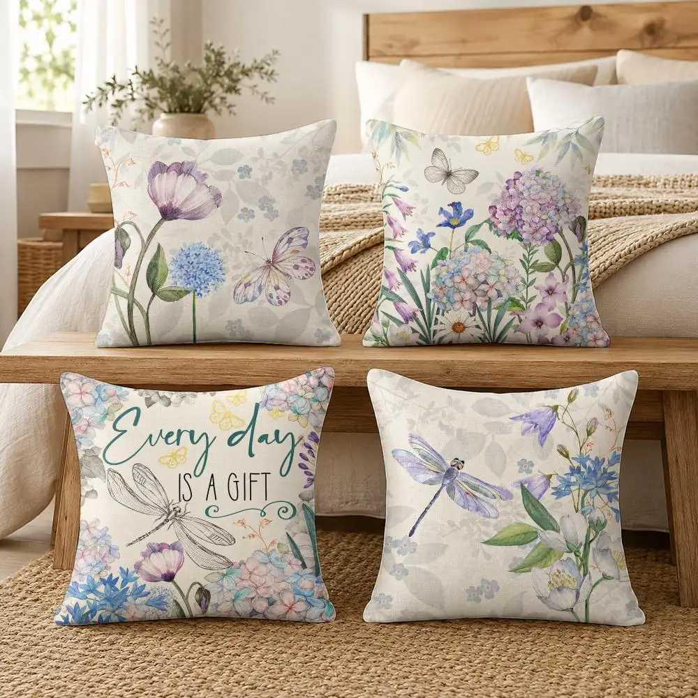 Flowers Butterfly And Dragonfly Cushion Cover Silky Short Plush Invisible Zipper Dustproof Sofa Pillow Case For Home Decor