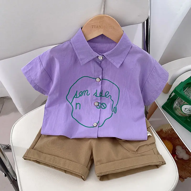 Toddler Children\'s Clothing Boy Set 2024 New Purple Boy Single Breasted Shirt and Khaki Shorts Clothes Baby Summer Shirt Outfits