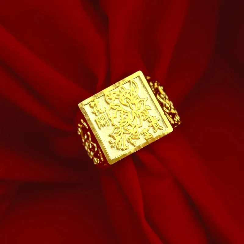 9999 Real Gold 24K Thai Gold Men's Ring Gold Men's Opening Ring Flowers Rich