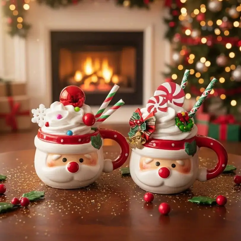 

Customed Christmas Santa Mug Fake Whipped Cream Decor Candy Cane Resin Ornament Holiday Table Photography Prop Gift