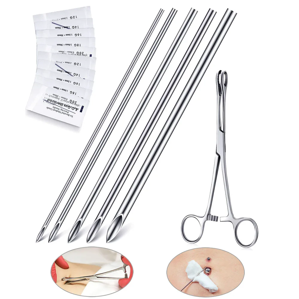 Piercing Needle Clamps Stainless Forceps Clamp Hollow Needle Piercing Kit Mixed Sizes for Ear Belly Tongue Tongue Body Tools