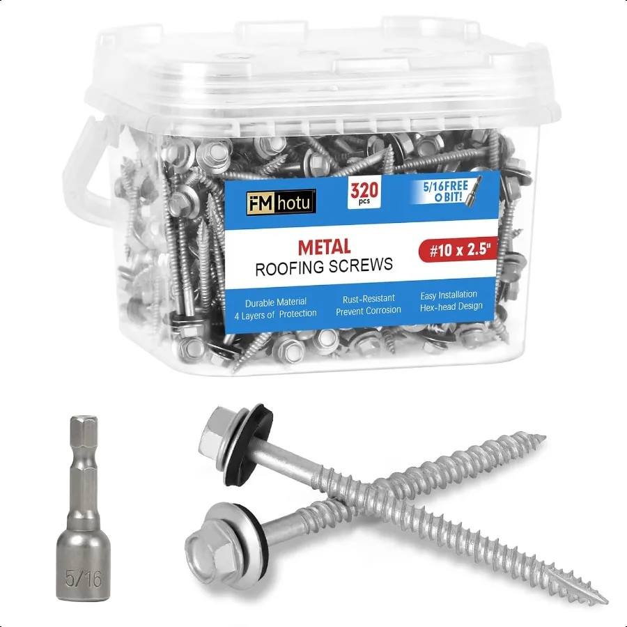

Metal Roofing Screws 10×21 2Inch 320PCS Hex Head Rustpert Coating Sheet Metal to Wood Siding Screw with EPDM Rubber Washer Shar