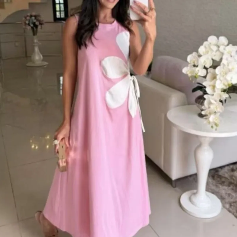 홀리데이 패션 프린트 스플라이스 ​ ​ 여성 캐주얼 라운드넥 민소매 심플 시크 원피스 2025 봄 여름 신상