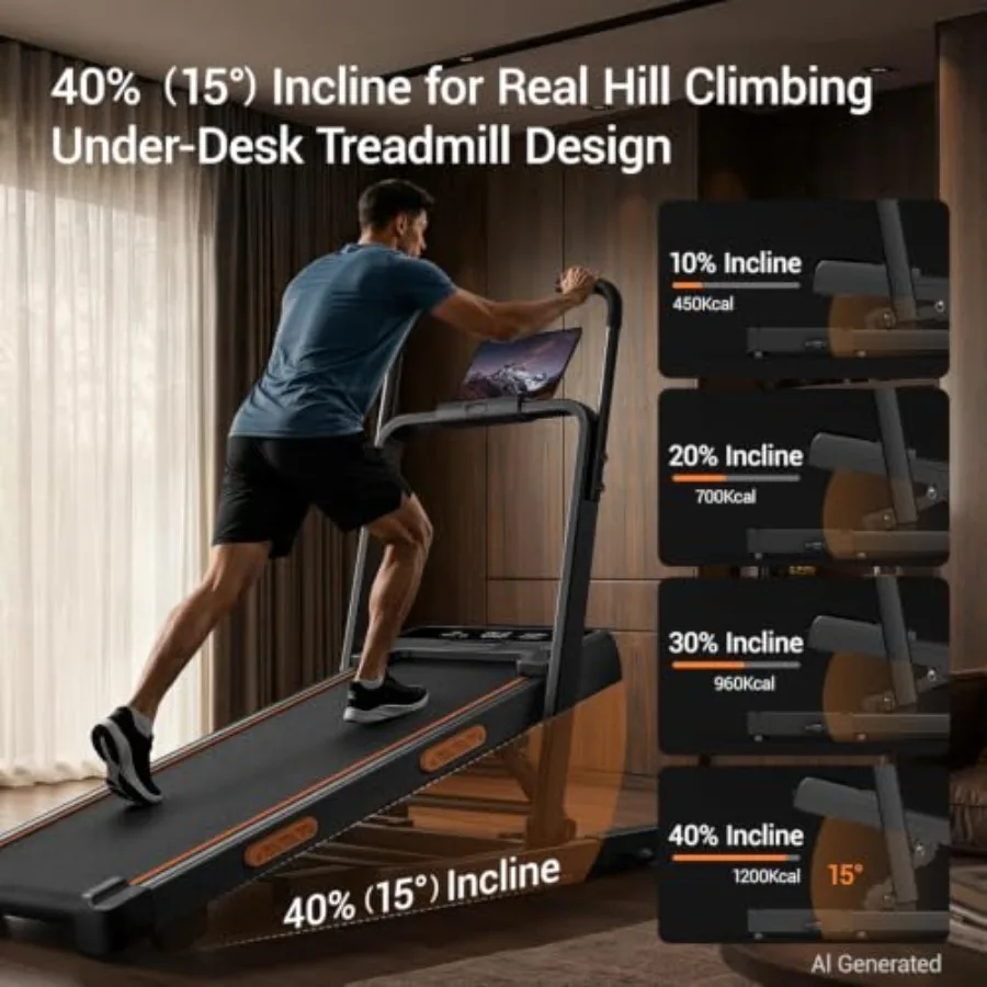 40% 15° Incline Walking Pad Treadmills for Home, Elevated Dual Handle Bar