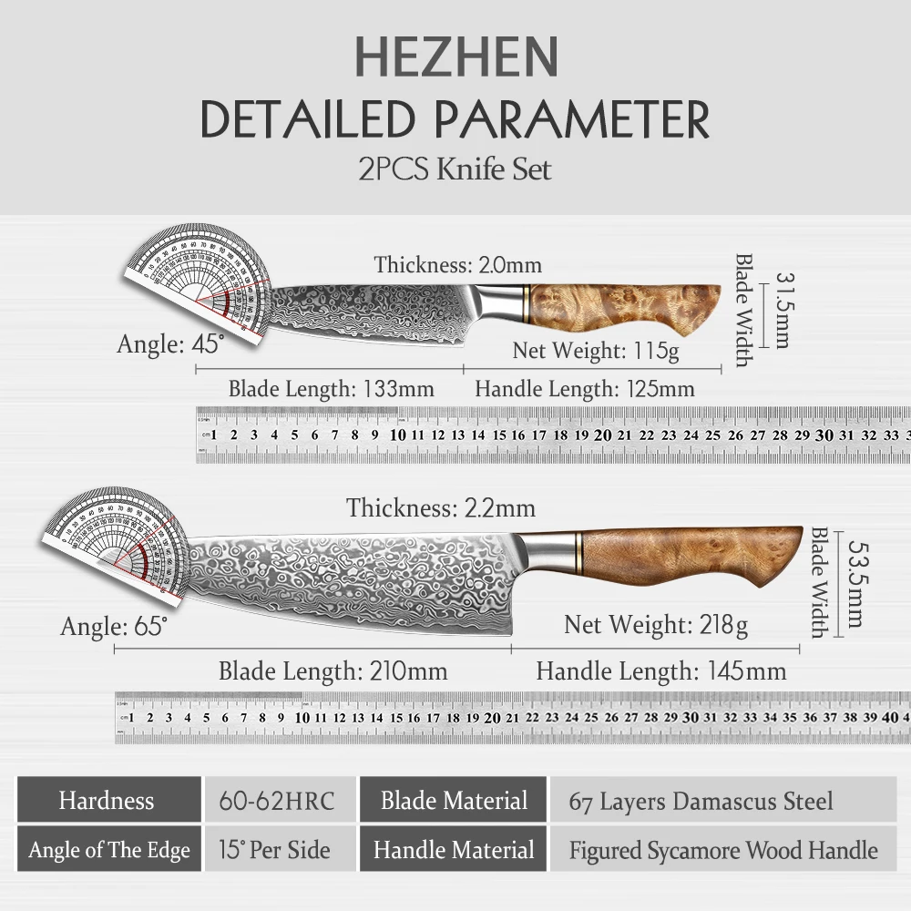 HEZHEN 2PC Knife Set Professional Damascus Steel Utility Chef Knife For Meat Japanese Cook Kitchen Knife