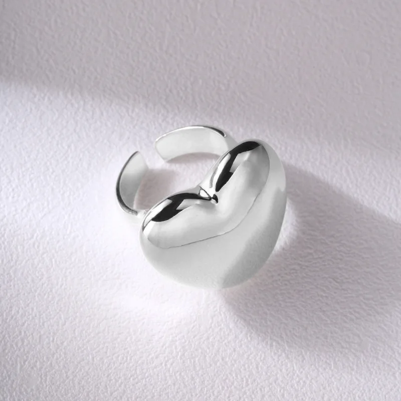 S925 Sterling Silver Smooth Big Love Ring Female Simple Unique Design Heavy Industry Joker Heart-shaped Open Design