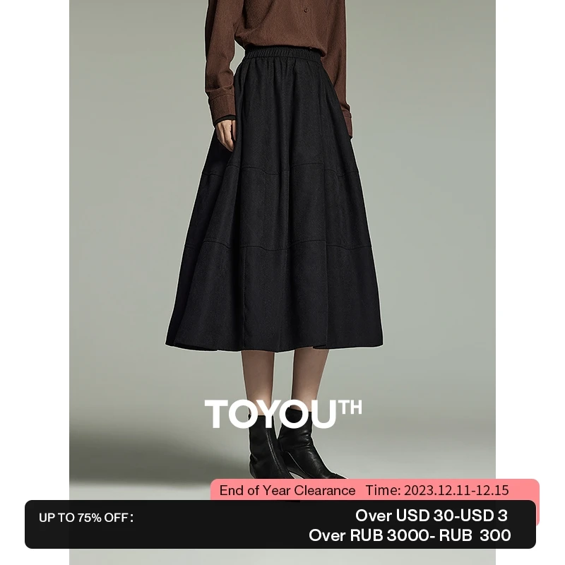 Toyouth Women Skirt 2023 Winter Elastic Waist A-shape Loose Pleat Design Fashion Casual All Match Basic Coffee Mid-length Skirt