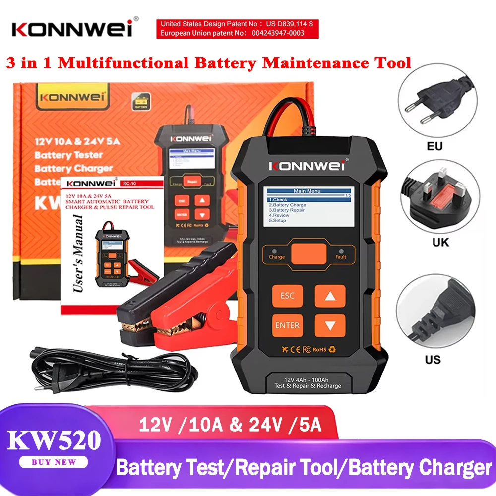 

KONNWEI KW520 Automatic Car Truck Battery Tester Charger 12V 10A 24V 5A Lead Ac id AGM Gel Lithium Car Battery Pulse Repair Tool