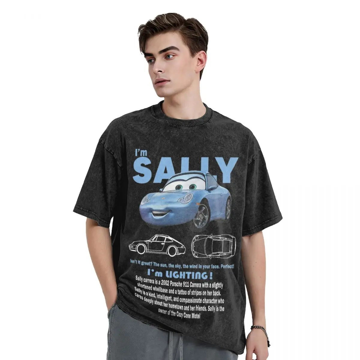 Cars Sally Carrera Lightning Mcqueen Washed T Shirt Streetwear Hip Hop Cool T-Shirts Tee Shirt Men Women Oversize Graphic