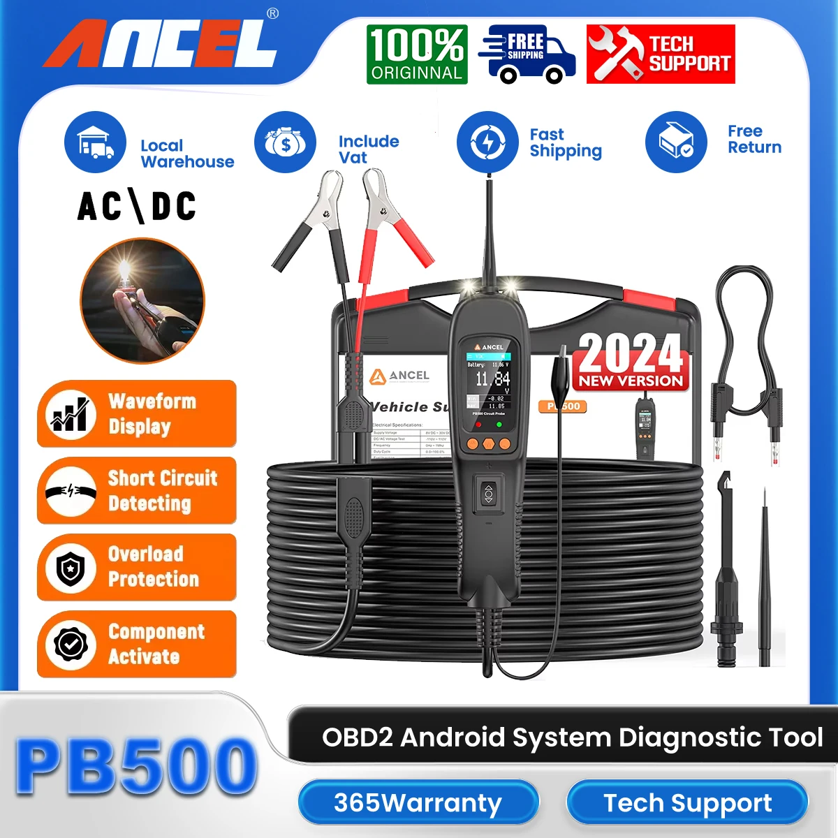 ANCEL PB500 Automotive Probe Tools 12V/24V Power Probe Circuit Kit Electrical Integrated Auto Battery System Diagnostic Tester