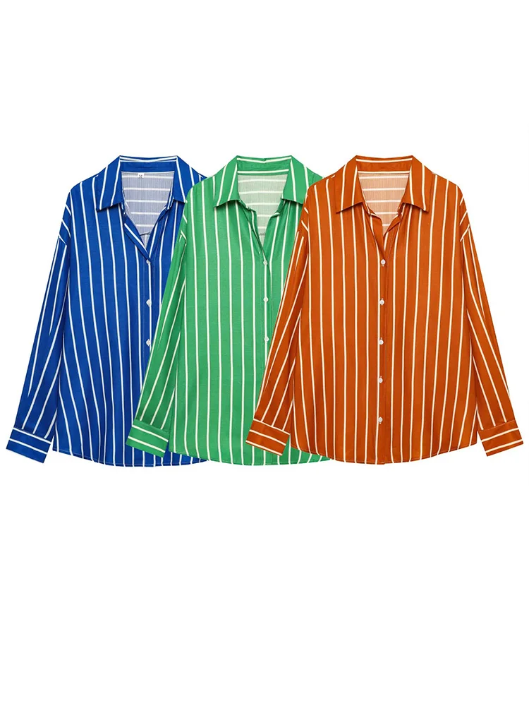 

HH Women Spring Fashion Single-Breasted Turn-down Collar 3-color Stripes Shirt Woman Long Sleeves Casual Loose Street Top
