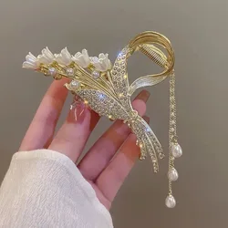 Korean Version Lily of the Valley Pearl Tassel Pendant Clip High-End Flower Elegant Large Size Back Head Hair Shark Clip Hair Cl