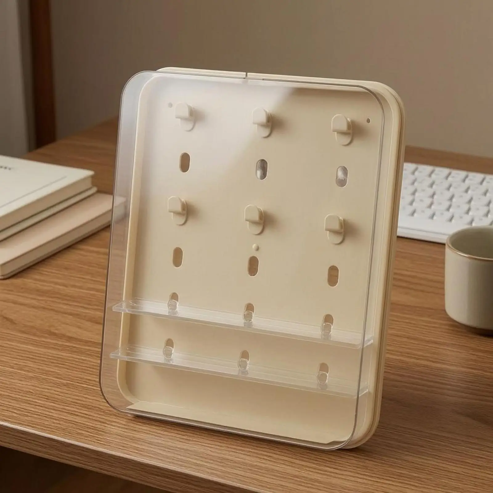 Clear Front Dustproof Storage Box for Mini Figures with Cream Back Panel and Vertical Wall Mount Setup
