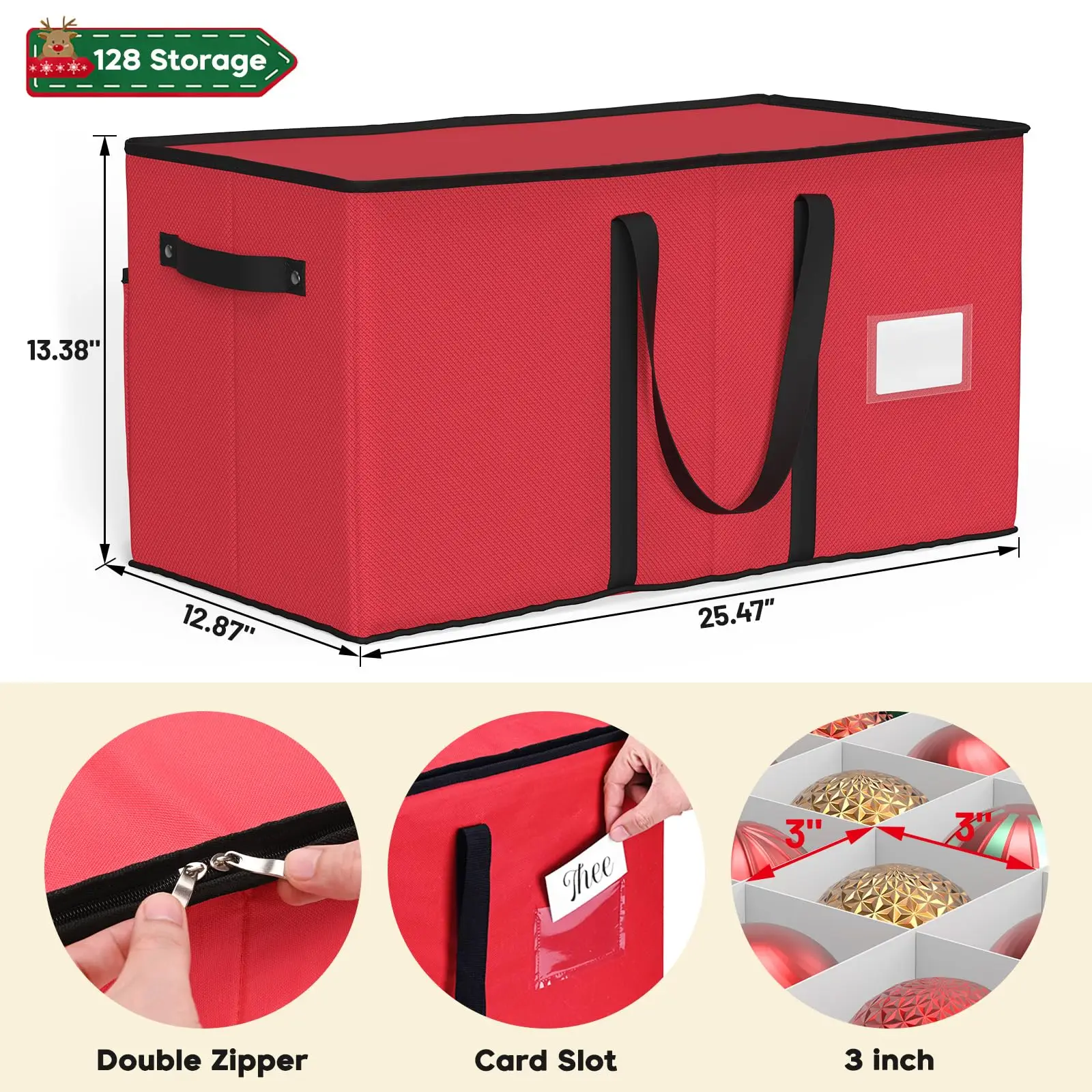 Christmas Ornament Ball Storage Box with 8 Trays with Dividers 128 Grids Durable 600D Oxford Large Xmas Organizer with Pockets