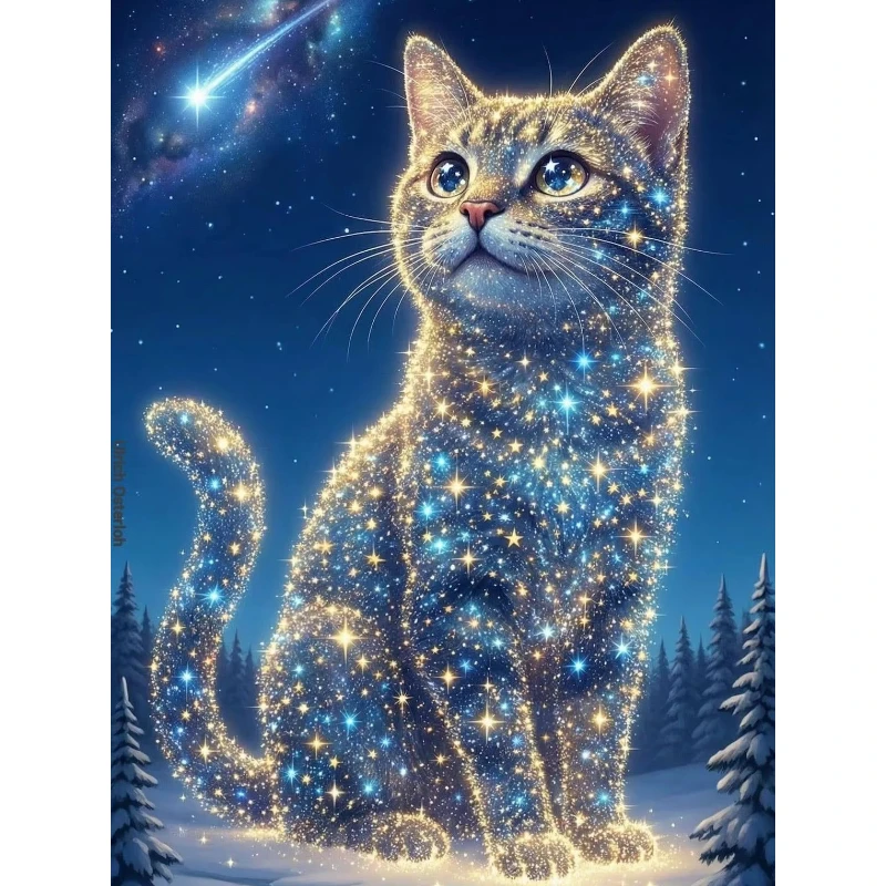 Vollständiges quadratisches, rundes Diamant-Gemälde, Sternenhimmel, Katze, Diamant-Mosaik, Tierlandschaft, Set, Bild aus Strass