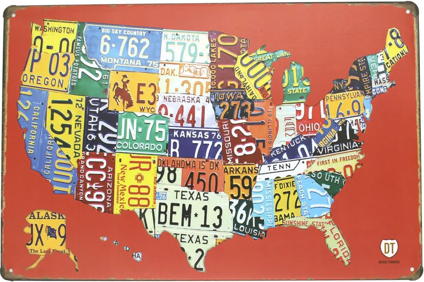 Red USA Map Road 66 License Plate Metal Tin Sign, Vintage Plaque Poster Garage Bar Home Wall Decor,