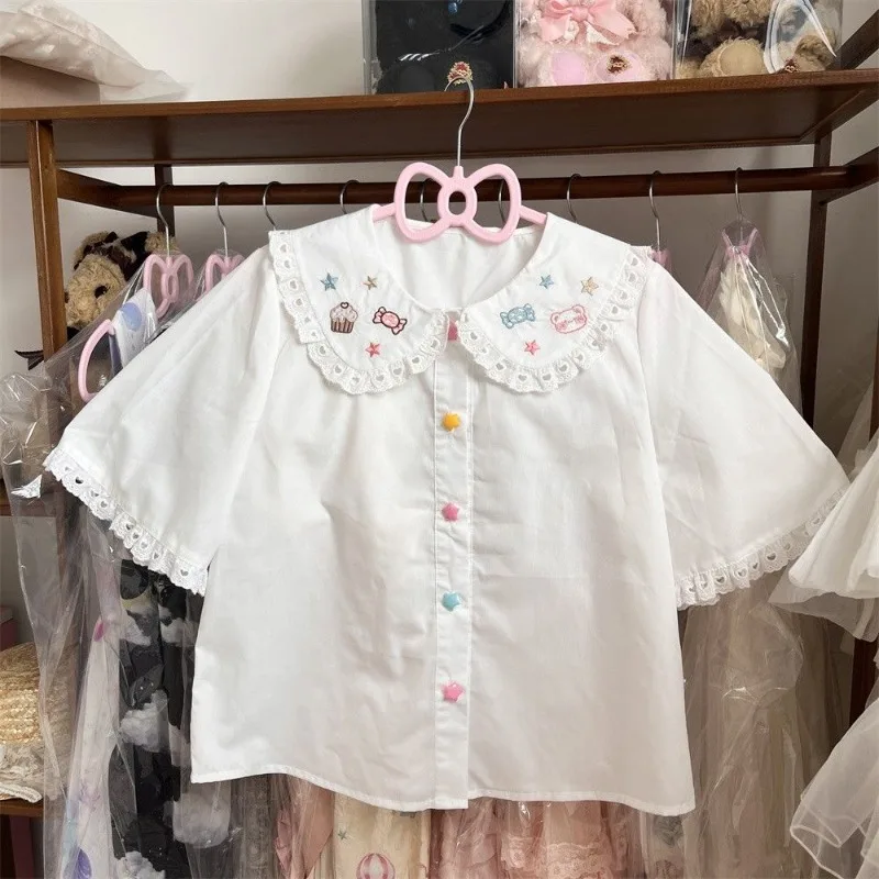 HOUZHOU White Cartoon Embroidery Shirts Women Kawaii Lolita Lace Short Sleeve Babydoll Top Cutecore Jk Japanese Loose Blouses